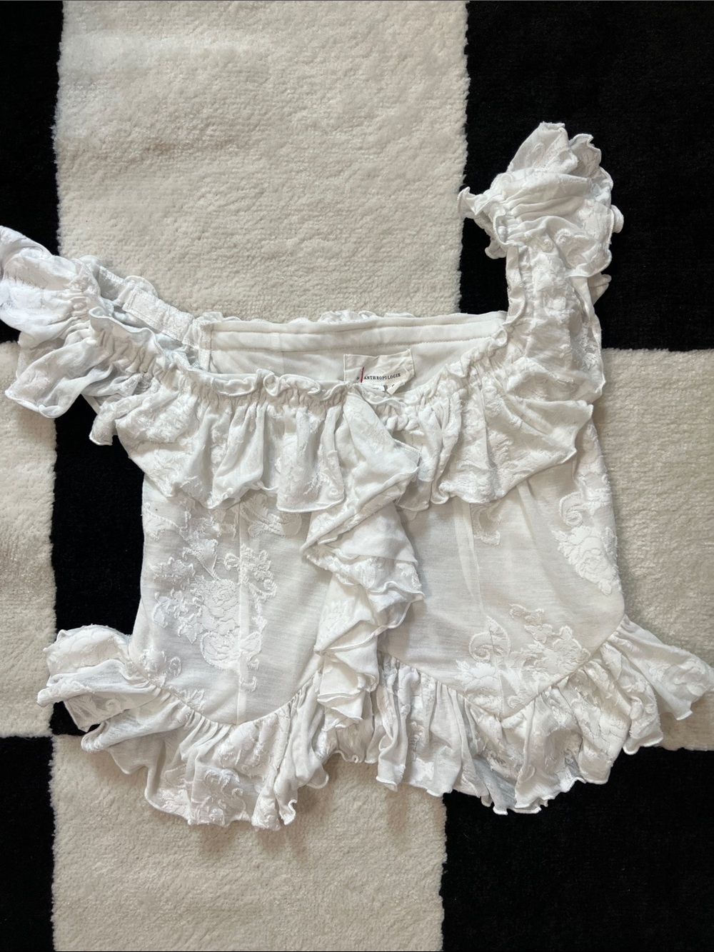 Anthropologie stretch White Ruffle-Trim Lace Crop Top